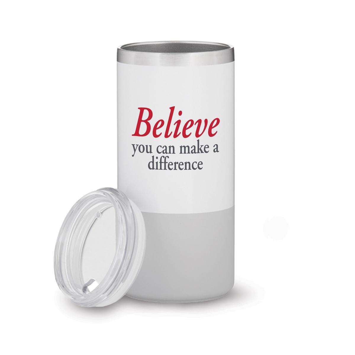 white and grey stainless steel tumbler with believe message