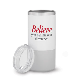 white and grey stainless steel tumbler with believe message
