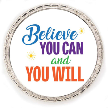 Kudo Coin With “Believe You Can And You Will” On The Front. Made Of Silver Metal Featuring Rope Design Around The Outside.