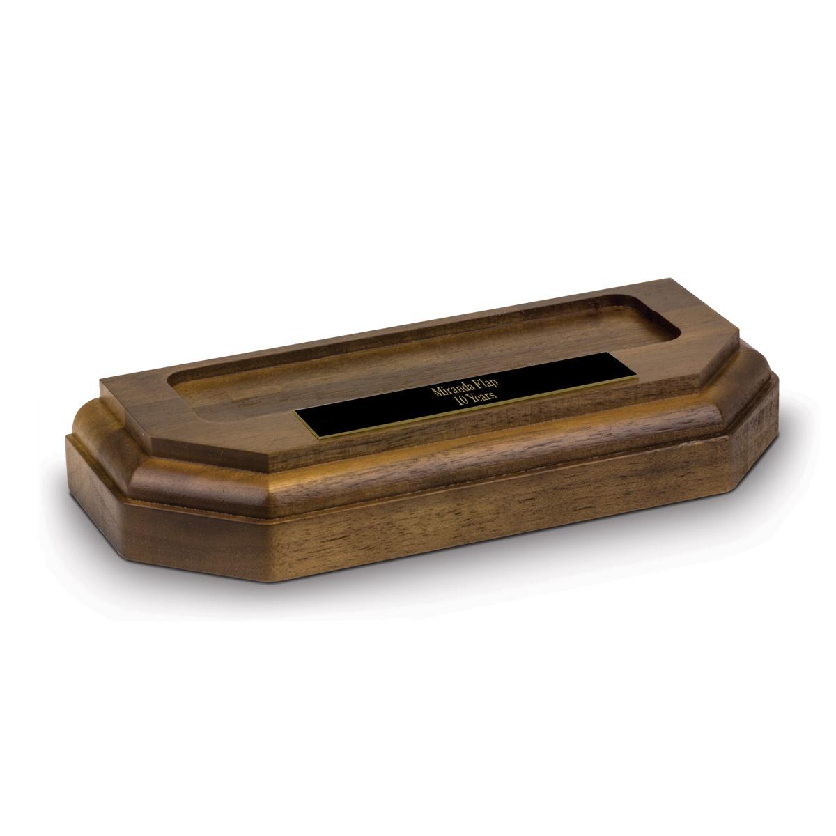 solid walnut beveled iceberg base with personalized black brass plate