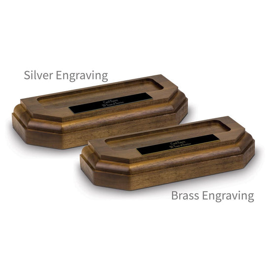 two walnut beveled iceberg bases with personalized black brass plates