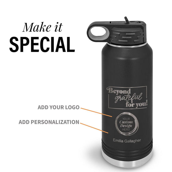 black beyond grateful 32 oz stainless steel water bottle with add your logo and personalization