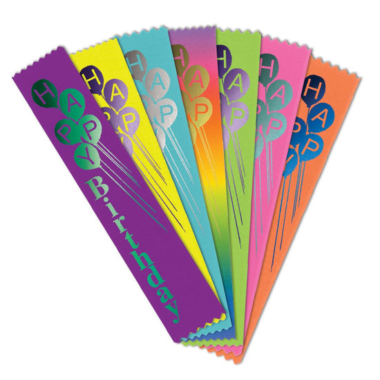 colorful satin ribbons with foil-stamped happy birthday message and balloons design