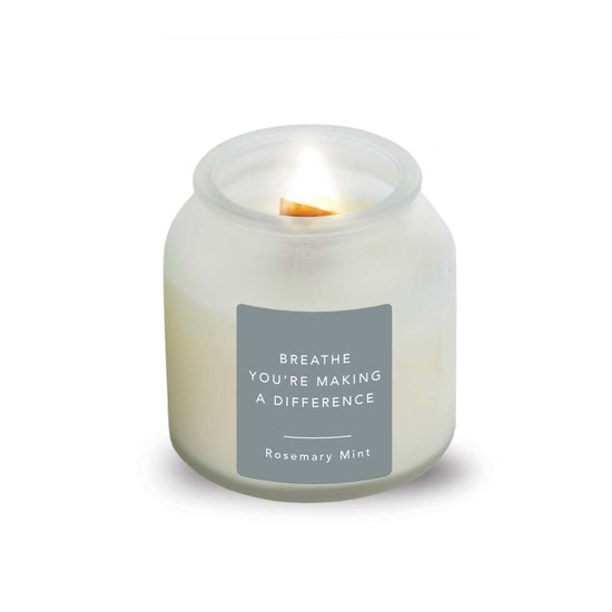 8 oz. Soy Wax Candle With Wooden Wick featuring our Breathe You’re Making A Difference Message. Relaxing Rosemary Mint scent.