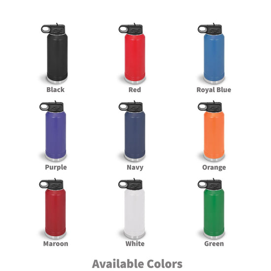 nine different colors of 32 oz stainless steel water bottles