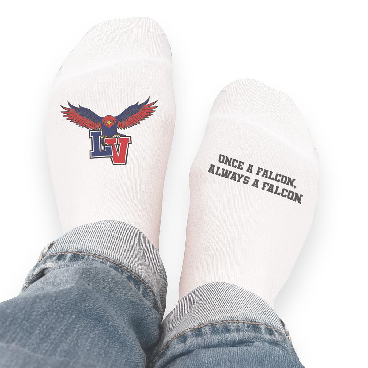 Pair of no-show socks with a black heel and your full color logo on top.