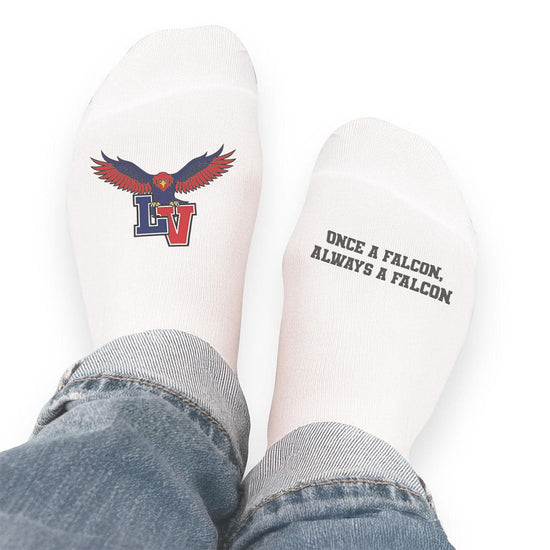 Pair of no-show socks with a black heel and your full color logo on top.