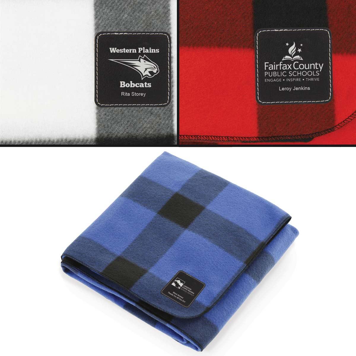 buffalo plaid fleece blankets with customizable patch