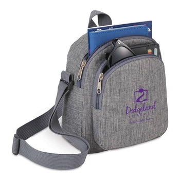 heather gray cross body mini backpack with custom logo