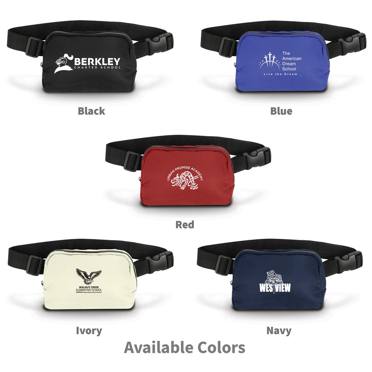 several colors of belt bags with custom logos