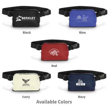 several colors of belt bags with custom logos