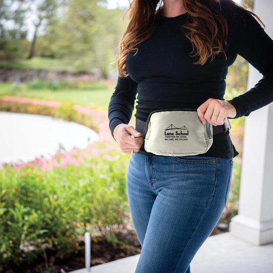 white belt bag featuring your custom logo.