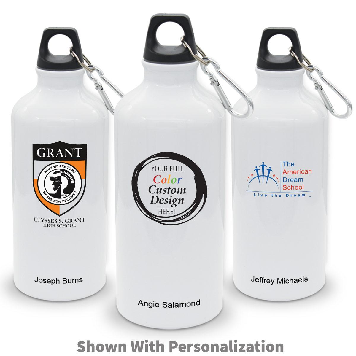 three white 20 oz aluminum carabiner canteens with custom logos