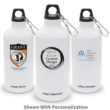 three white 20 oz aluminum carabiner canteens with custom logos