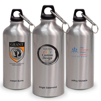 three gray 20 oz aluminum carabiner canteens with custom logos