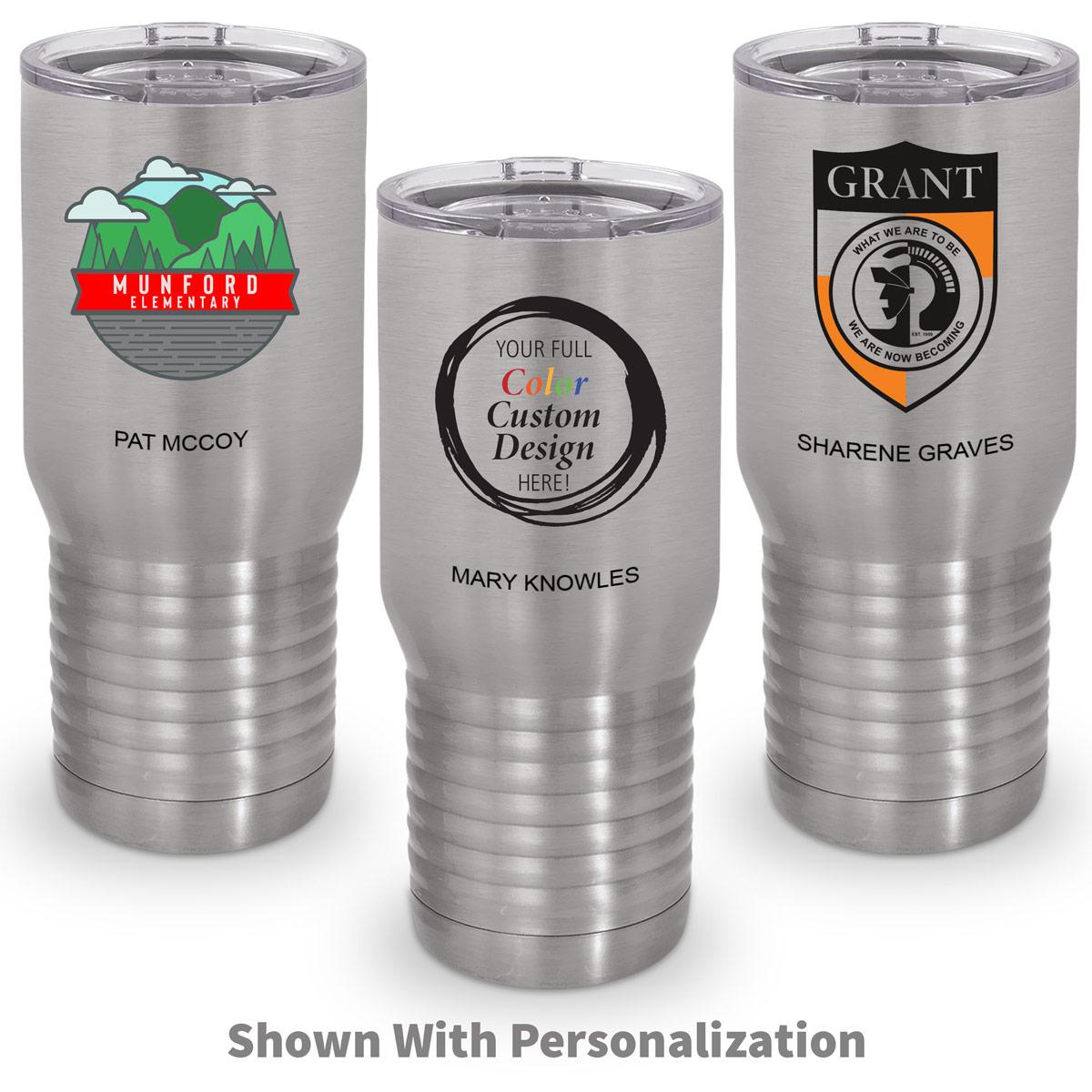 three gray 20 oz. stainless steel tall tumbler with custom logos