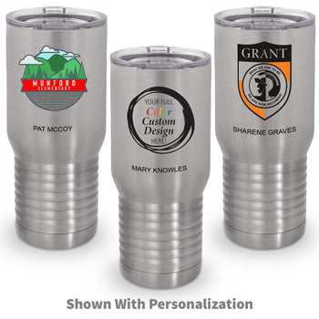 three gray 20 oz. stainless steel tall tumbler with custom logos