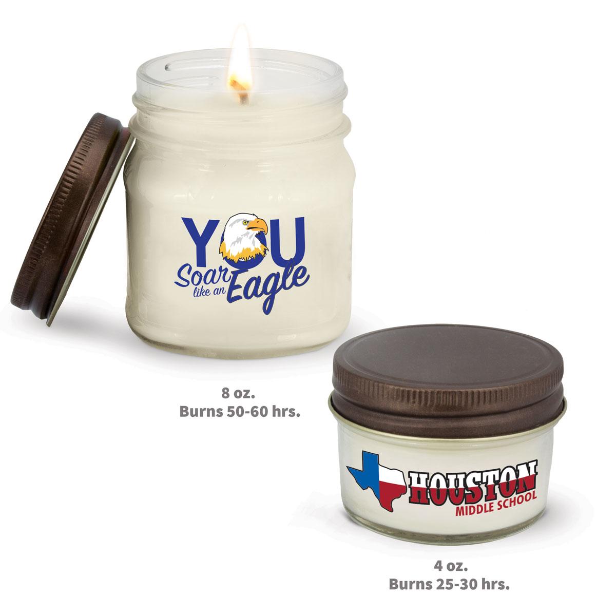 4 oz and 8 oz white candles in glass jars with custom logos