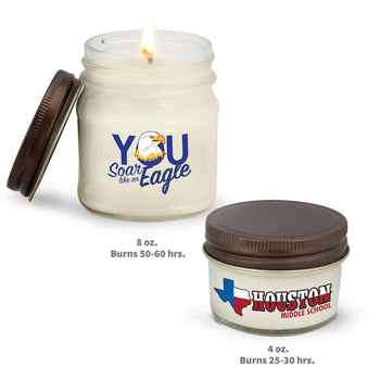 4 oz and 8 oz white candles in glass jars with custom logos