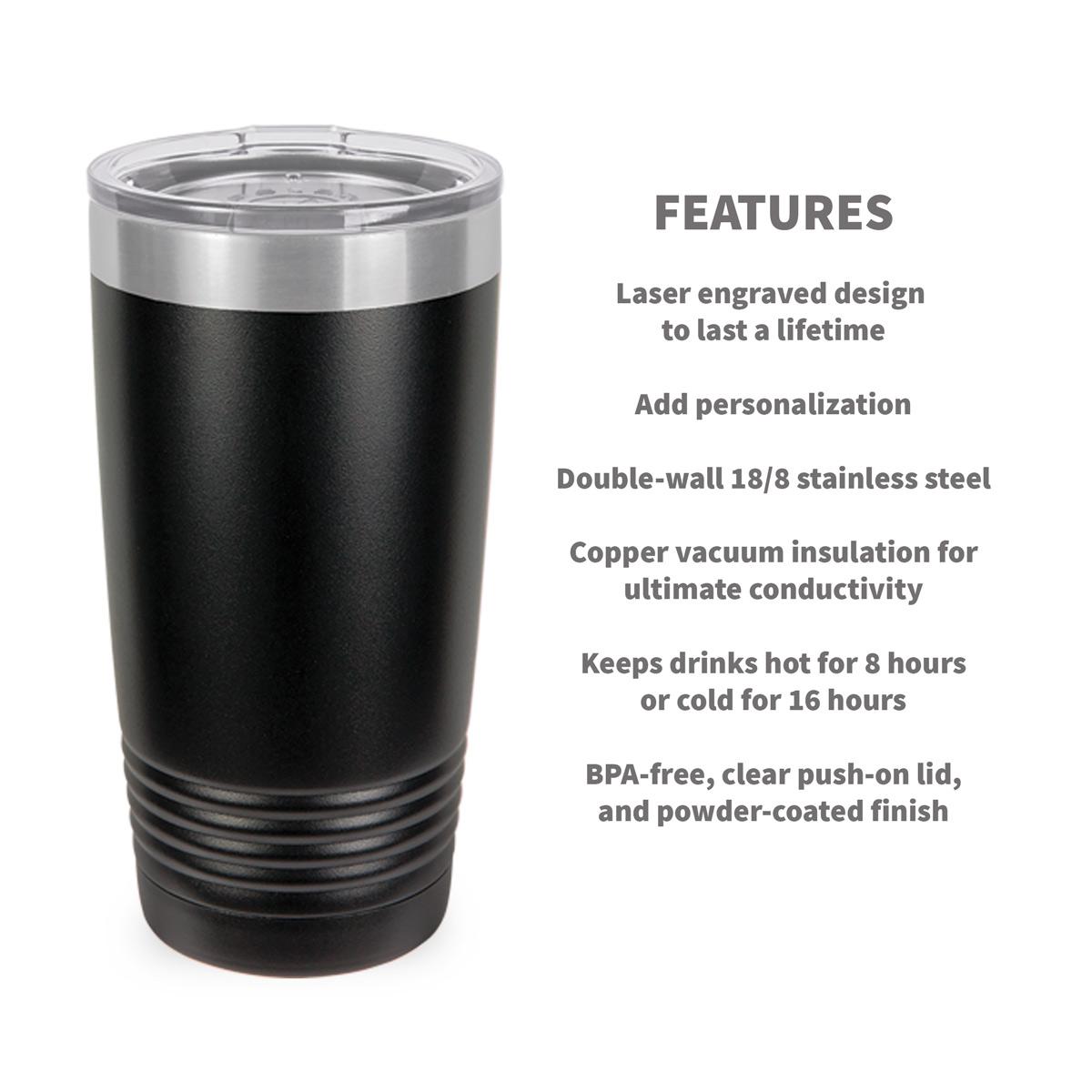 black stainless steel tumbler with product detail features