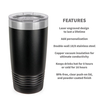 black stainless steel tumbler with product detail features