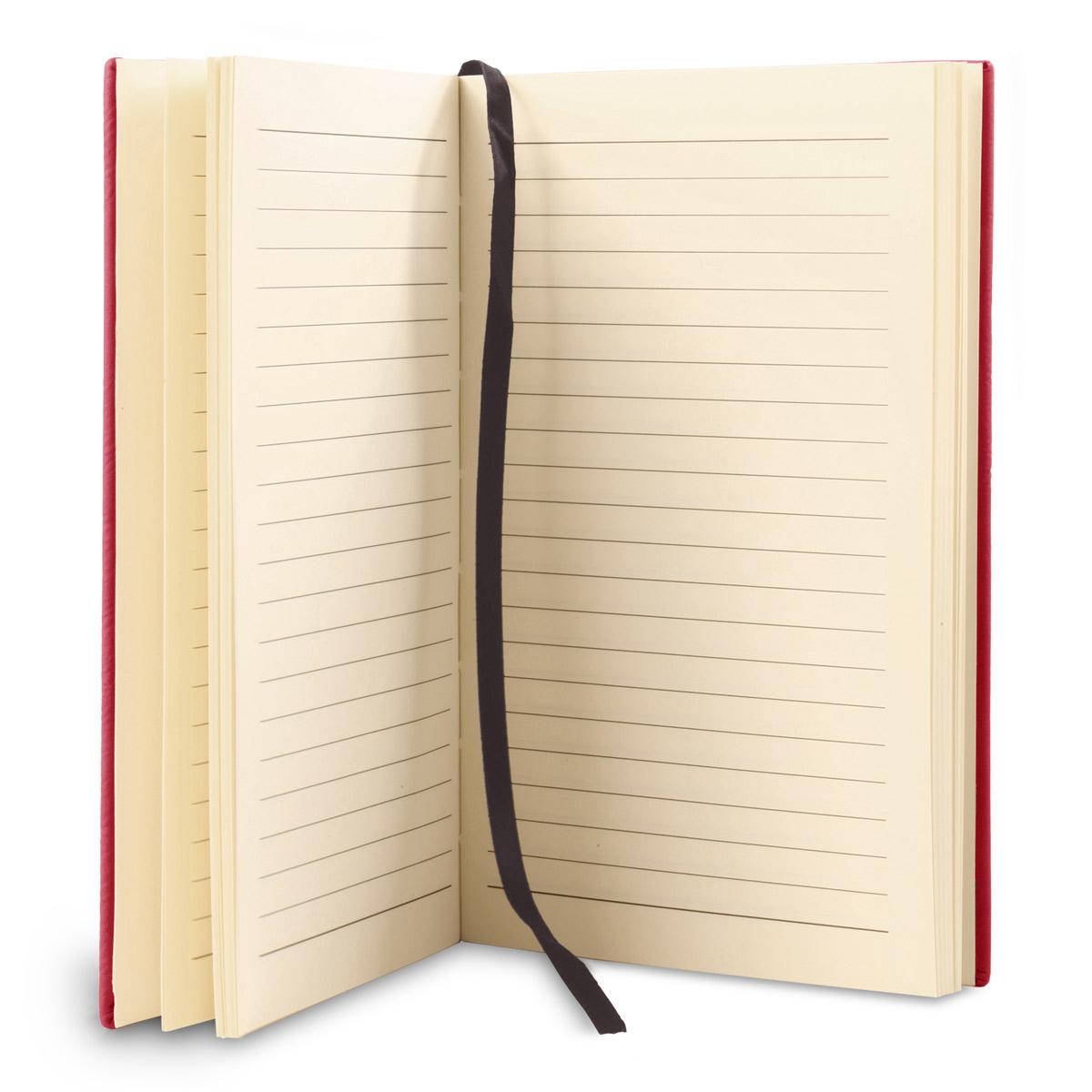 opened red journal with lined paper and black satin ribbon bookmark