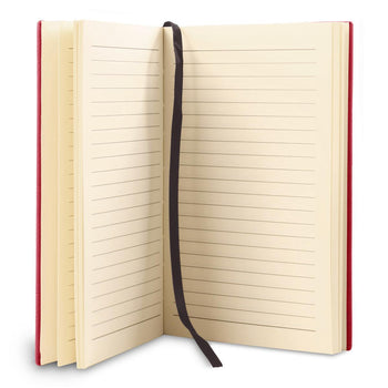 opened red journal with lined paper and black satin ribbon bookmark