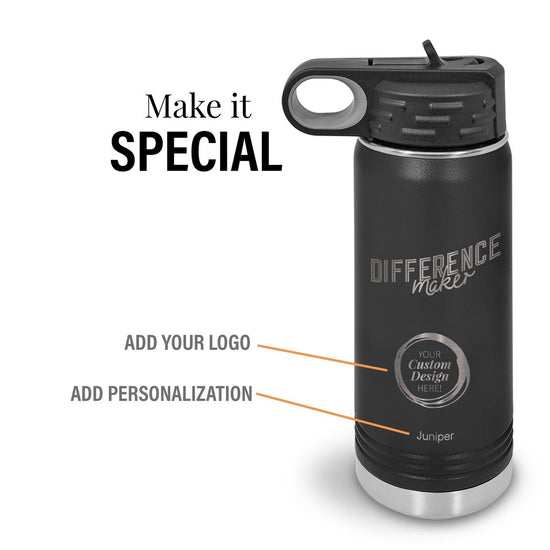 black difference maker 20 oz stainless steel water bottle with add your logo and personalization