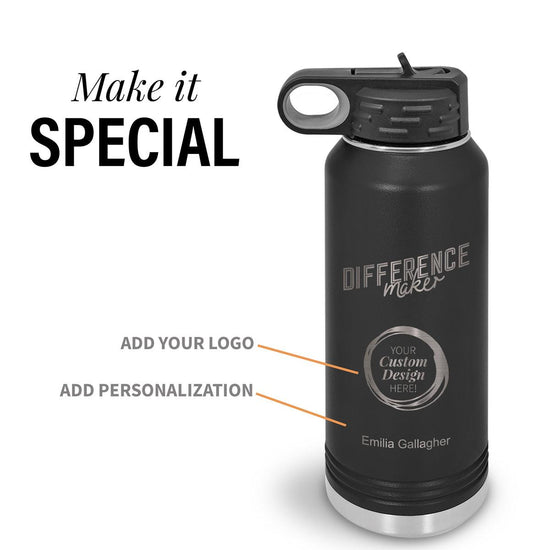 black difference maker 32 oz stainless steel water bottle with add your logo and personalization