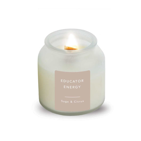 8 oz. Soy Wax Candle With Wooden Wick featuring our Educator Energy message. Energizing Sage and Citrus Scent.