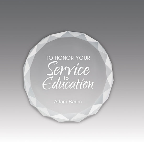 Etched Optic Crystal Faceted Round Paperweight