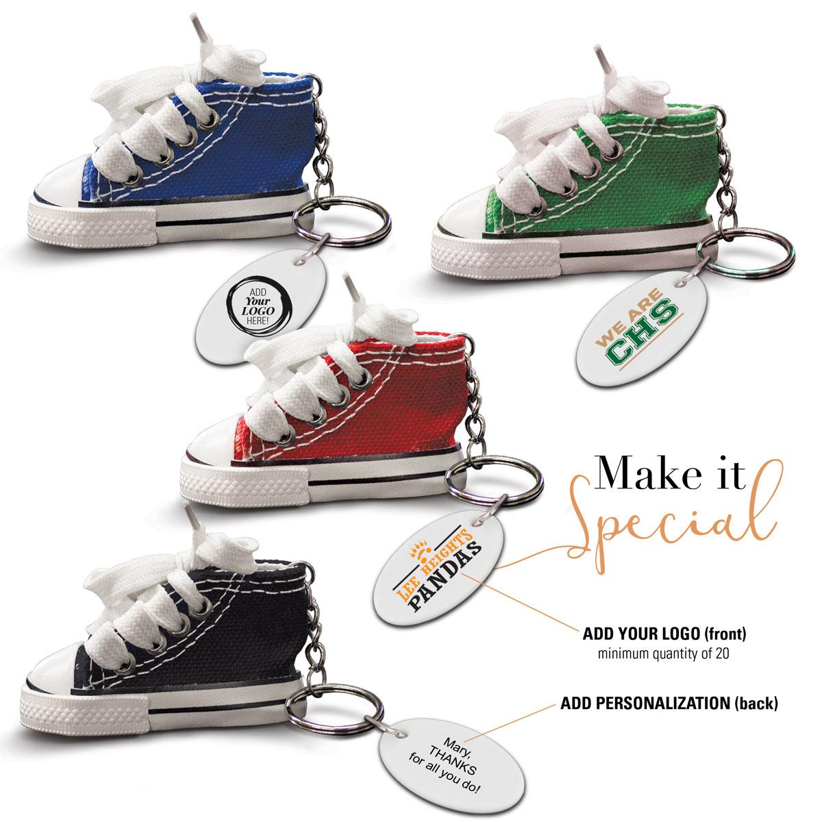 multiple colors of sneaker key ring with personalized tags