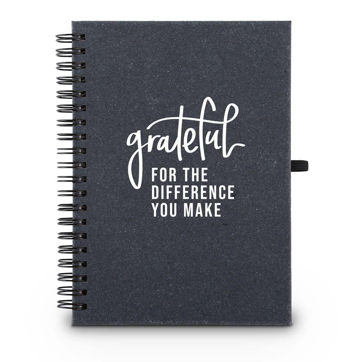 Hardbound spiral journal. Sticky notes, flags inside. Cover reads: Grateful For The Difference You Make