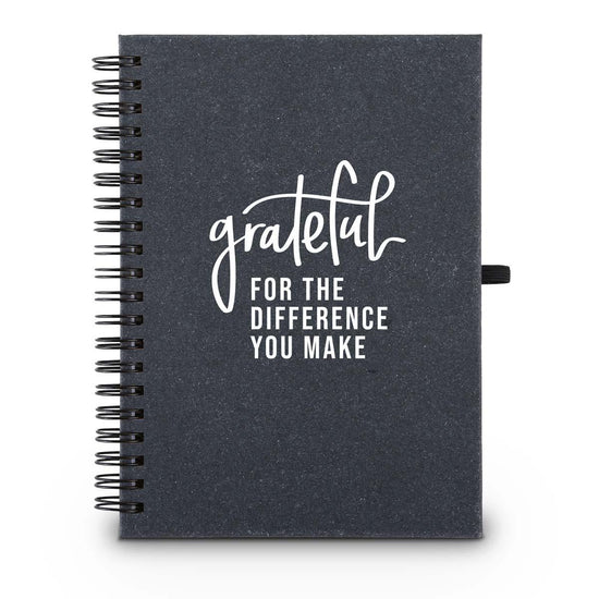Hardbound spiral journal. Sticky notes, flags inside. Cover reads: Grateful For The Difference You Make