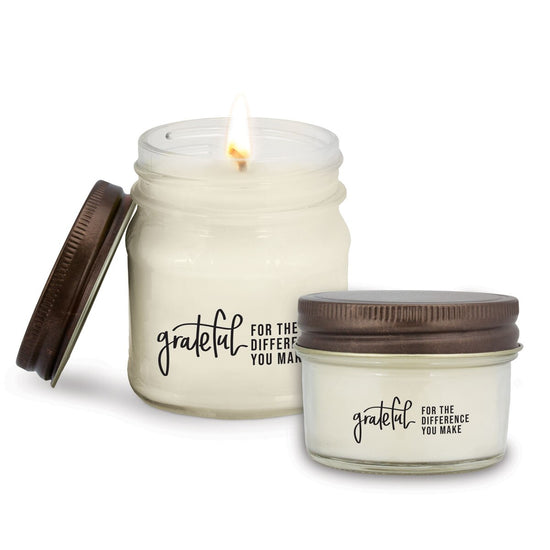 4oz and 8oz mason jar candles featuring the inspirational message Grateful For The Difference You Make