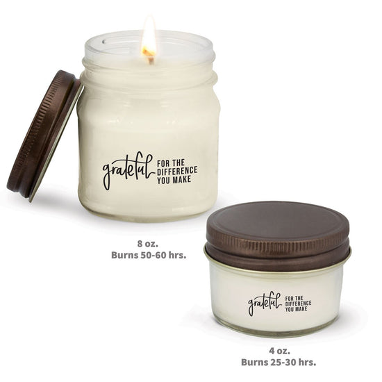 4oz and 8oz mason jar candles featuring the inspirational message Grateful For The Difference You Make