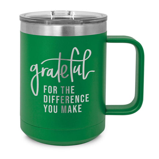 green stainless steel mug with grateful for the difference you make message