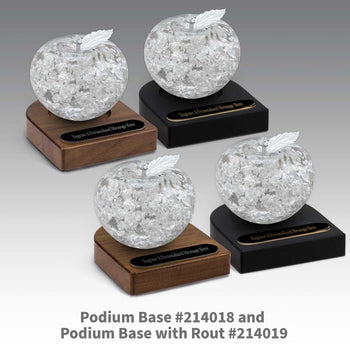 black and brown walnut podium bases with black brass plates and handblown fine silver apples