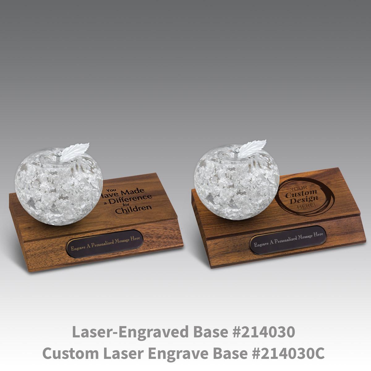 laser engraved walnut bases with black brass plates and handblown fine silver apples