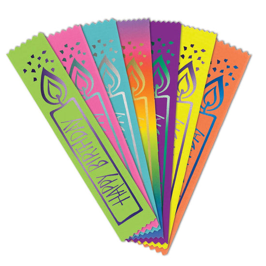 colorful satin ribbons with foil-stamped happy birthday message and candle design