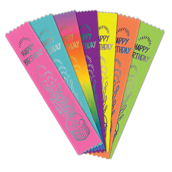 colorful satin ribbons with foil-stamped happy birthday message and cake with candles design