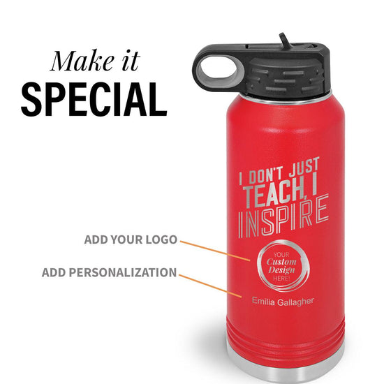 red i don't just teach i inspire 32 oz stainless steel water bottle with add your logo and personalization