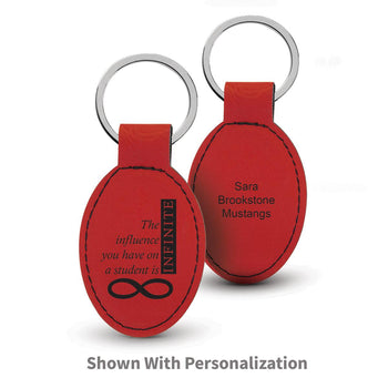 red oval leather keychains with infinity message and personalizaton