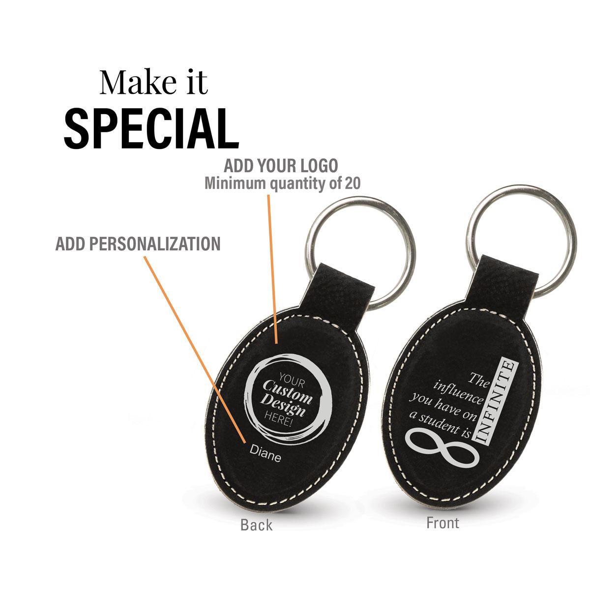 black oval leather keychain with infinity message and add you logo