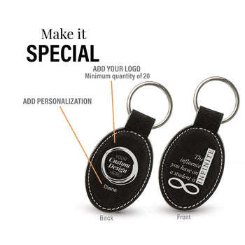 black oval leather keychain with infinity message and add you logo