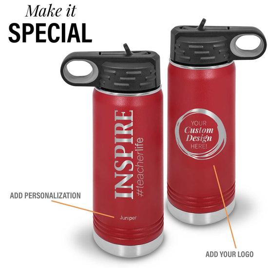 red inspire 20 oz stainless steel water bottle with add your logo and personalization