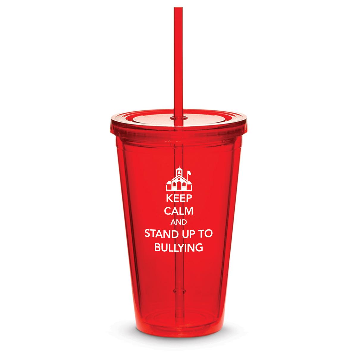 red twist-top tumbler with straw and bullying message