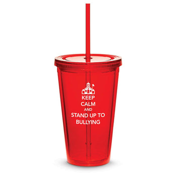 red twist-top tumbler with straw and bullying message