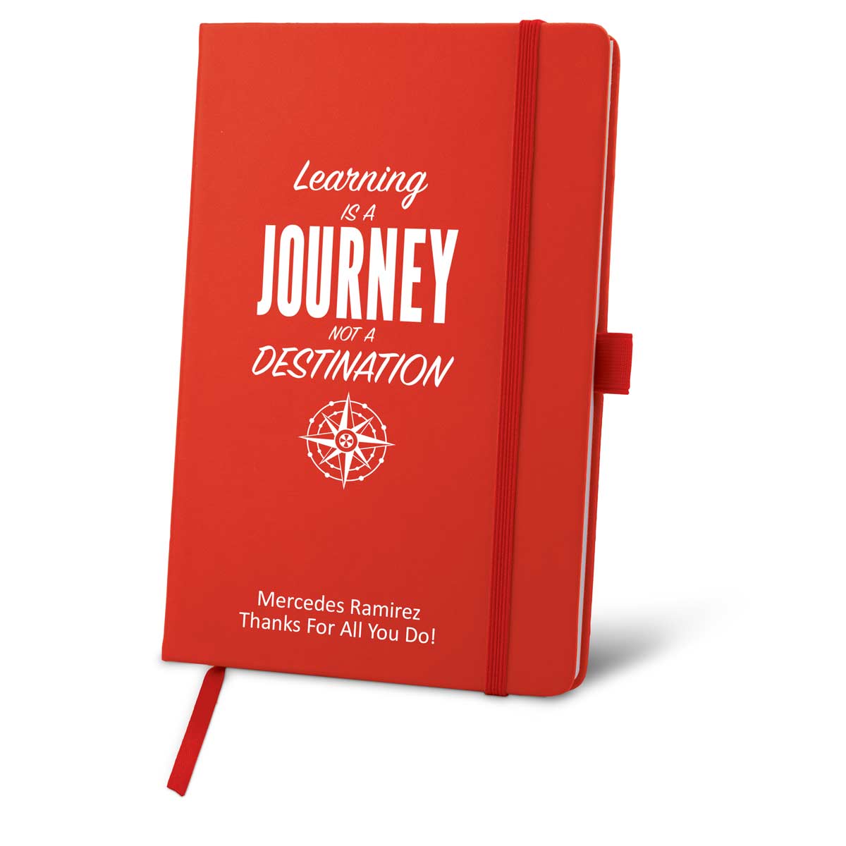 red journal with learning is a journey message and personalization