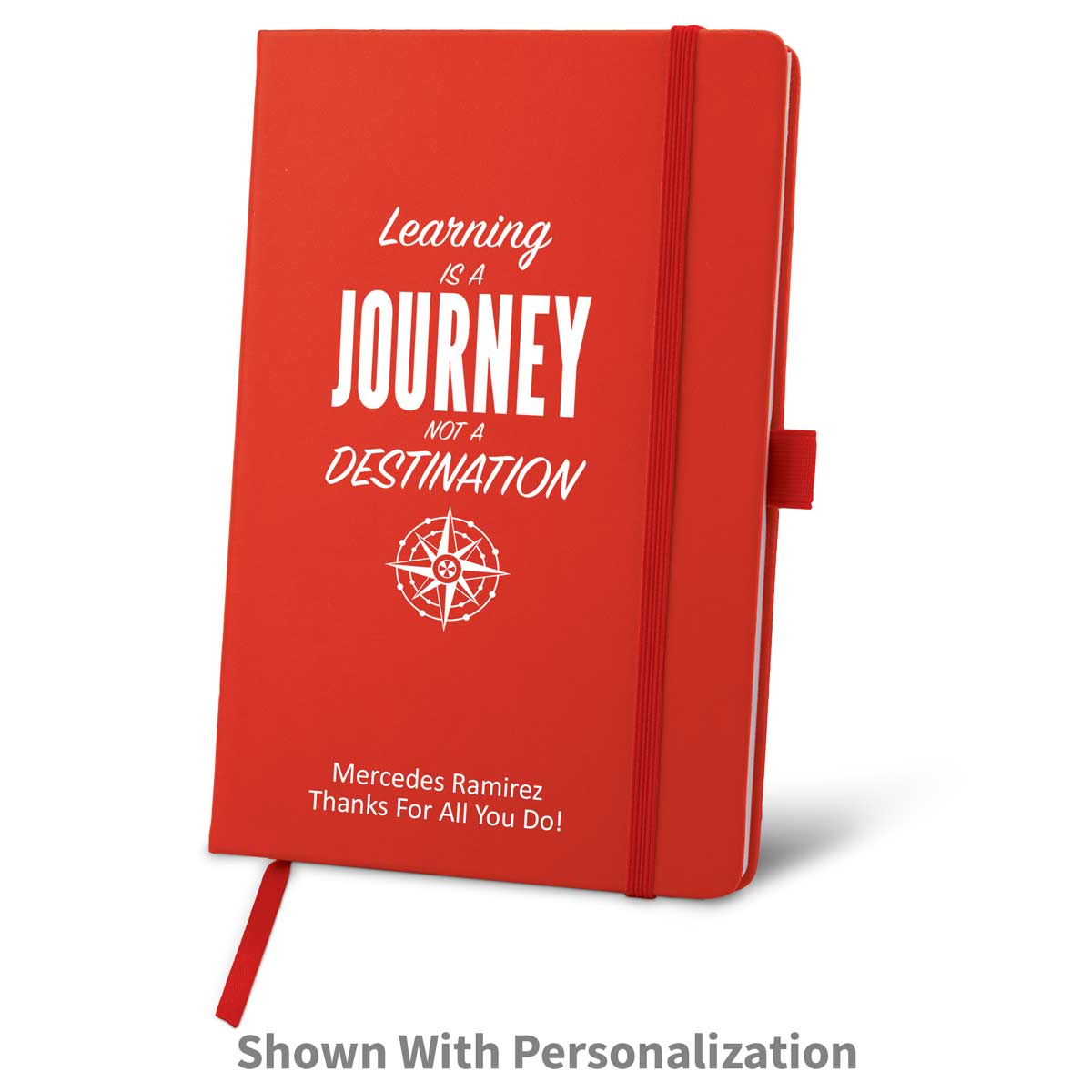 red journal with learning is a journey message and personalization